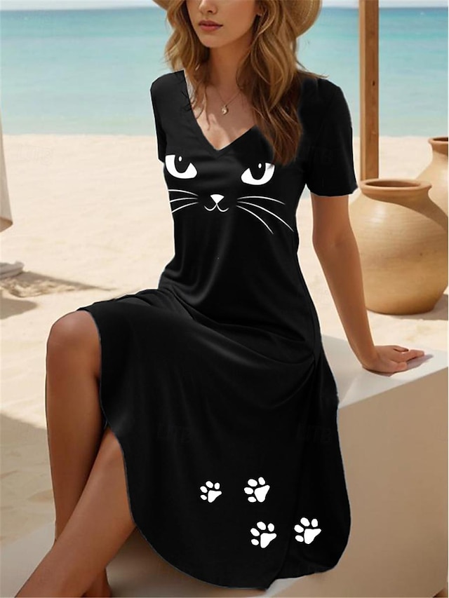  Naisten Musta mekko Rento mekko Kissa Painettu V kaula-aukko Midimekko söpö tyyli Vapaa-aika Loma Lyhythihainen Kesä