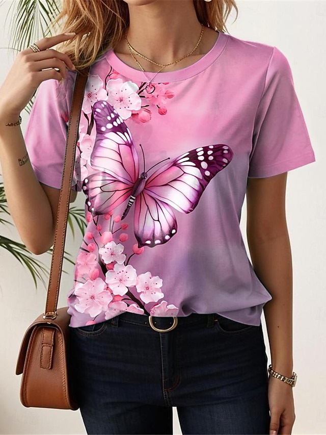  Damen T Shirt Blumen Bedruckt Täglich Wochenende Modisch Kurzarm Rundhalsausschnitt Weiß Sommer