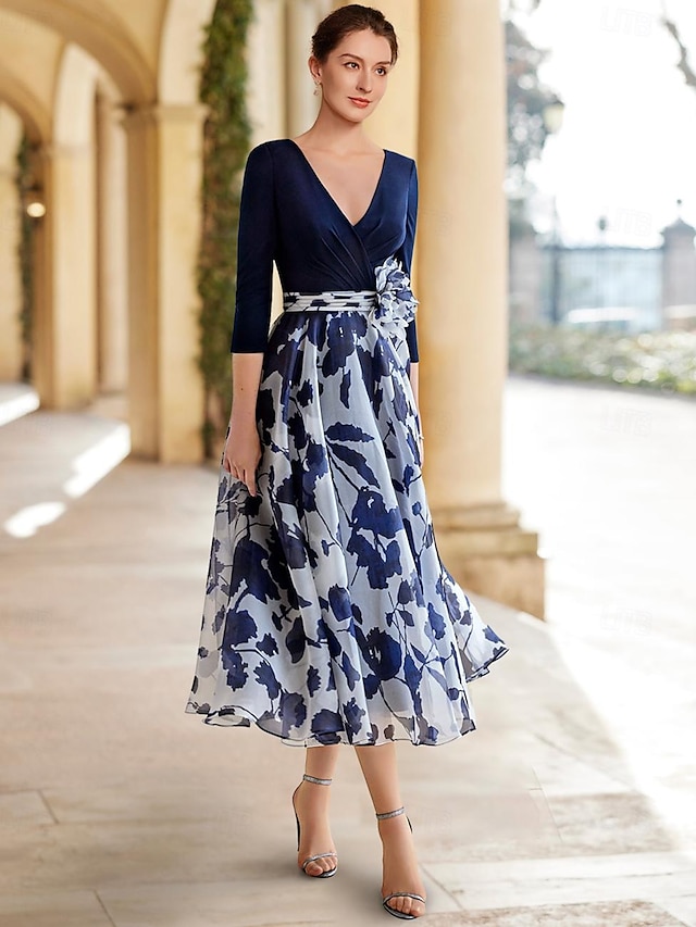  a-linje brudemor-kjole blomsterkjole formell bryllupsgjest elegant v-hals ankellengde chiffon stretchstoff 3/4-lange ermer med blå blomsterkjole 2024