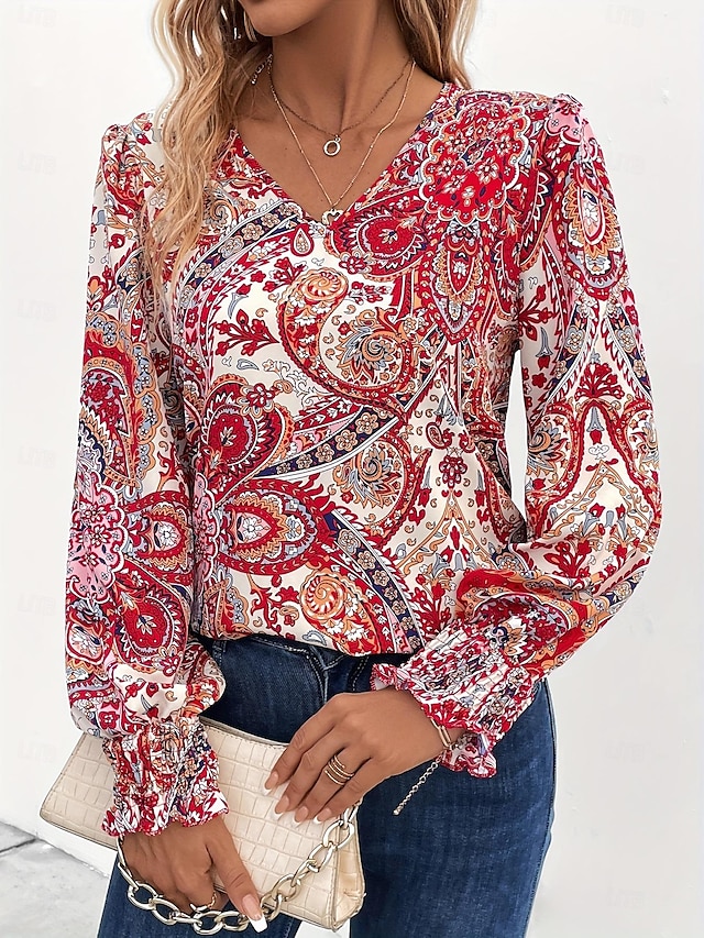  Dame Skjorte Boho skjorte Bluse Paisley Afslappet Ferie Knap Trykt mønster Rød Langærmet Mode Boheme V-hals Sommer Forår