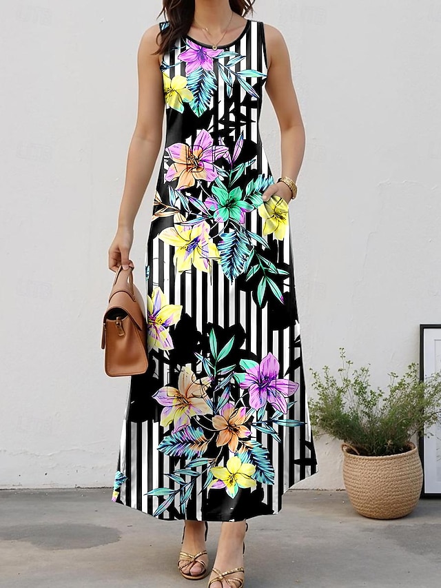  Women's Print Crew Neck Maxi Dress Date Sleeveless Summer
