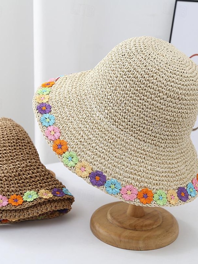  כובעי שמש בעיצוב פרח בוהו אלגנטי בצבע אחיד כובע קש חלול נושם כובעי חוף נסיעות לנשים בנות קיץ בחוץ