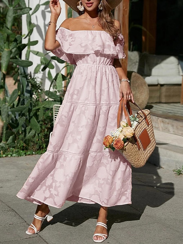 Mujer Vestido blanco vestido largo vestido largo Gasa Encaje Volante Cita Vacaciones Ropa de calle Línea A Hombros Caídos Manga Corta Negro Blanco Rosa Color