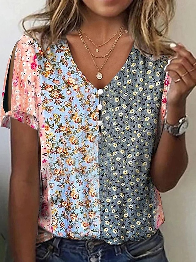  Women's T shirt Tee Henley Shirt Floral Graphic Button Cut Out Print Casual Daily Print Short Sleeve V Neck Yellow Summer
