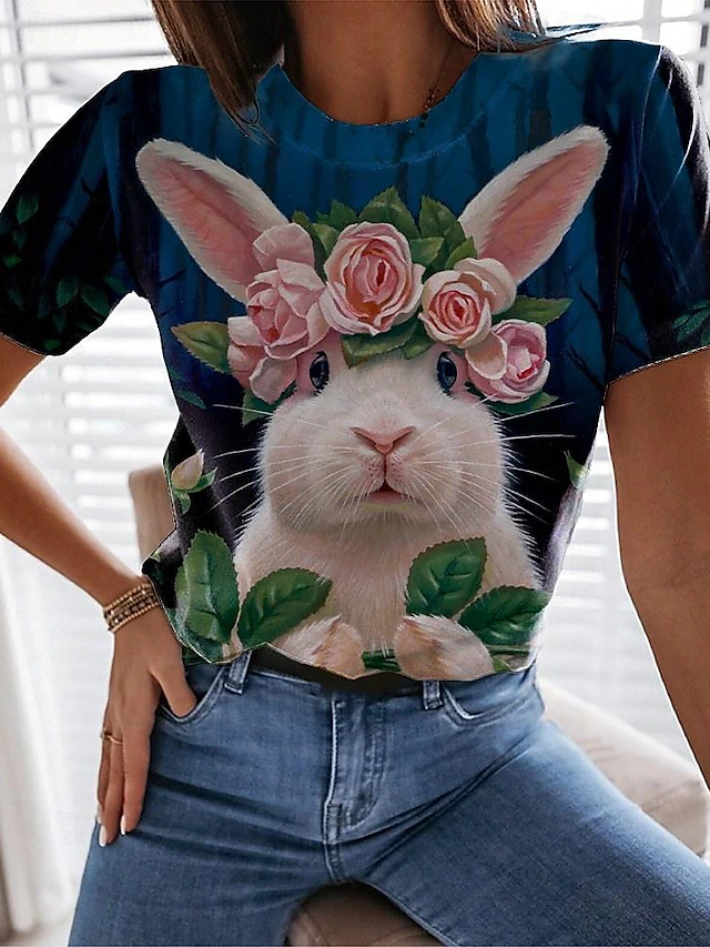 Women's Bunny Rose Crown T-shirt Blue Floral Crew Neck Stretch Casual Everyday Spring Summer Wear Multiple Sizes 7