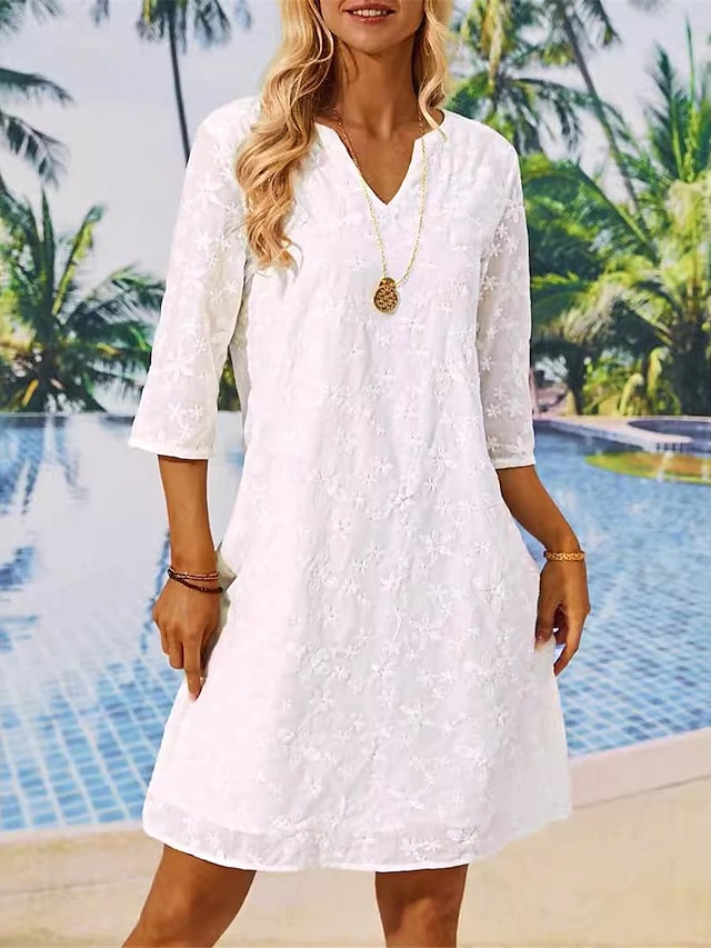  Per donna Vestito bianco Mini abito Pizzo Con ricami Appuntamento Da mare Streetwear Collo diviso Manica a 3/4 Bianco Colore