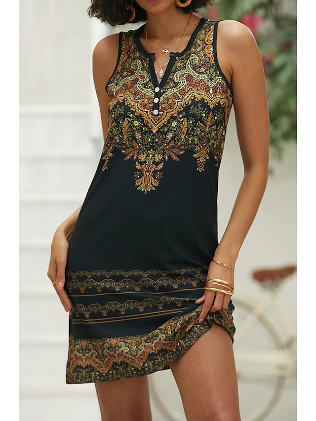  Γυναικεία Vintage Φόρεμα Καθημερινό φόρεμα Αμάνικο φόρεμα Φυλής Κουμπί Στάμπα Διχασμένος λαιμός Μίνι φόρεμα Βίντατζ Etnic Διακοπές Αμάνικο Καλοκαίρι
