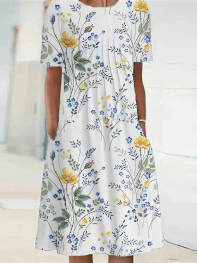 Women's Midi Dress Casual Dress Summer Dress Streetwear Vacation Street Holiday Loose Fit Floral Short Sleeve Crew Neck White Royal Blue Blue Light Blue Summer4