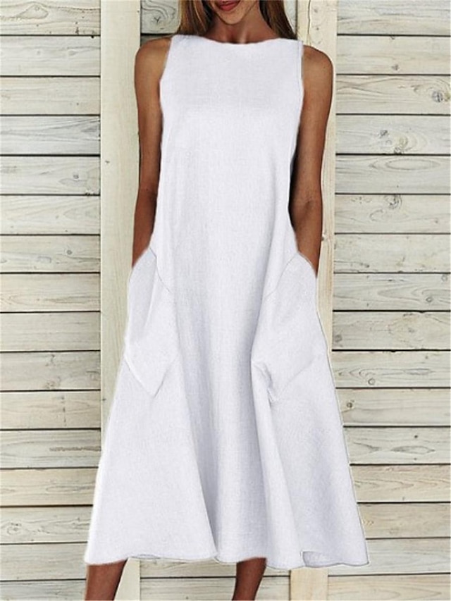  Women's White Dress Maxi Dress Linen Pocket Vacation Streetwear Casual Crew Neck Sleeveless Black White Yellow Color