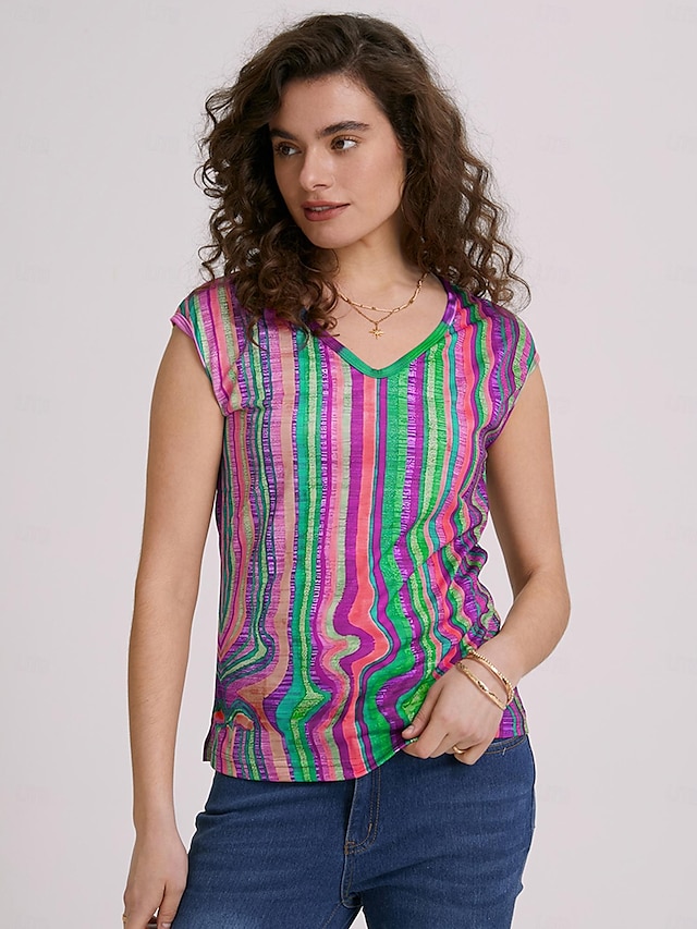  Dame Camisole Tank Top Grunnleggende Neon  Lys Stripete Trykk Uten Ermer Vanlige Topper V-Hals Casual Gul Rosa Blå