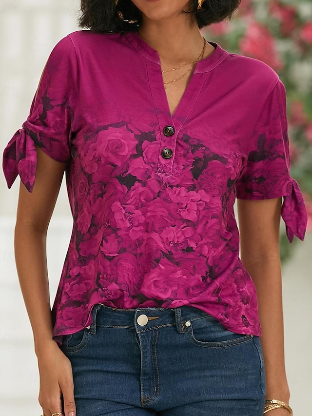  Mulheres Camiseta Camisa Henley Floral Botão Com Corte Imprimir Casual Feriado Moda Manga Curta Decote V Rosa Primavera Verão