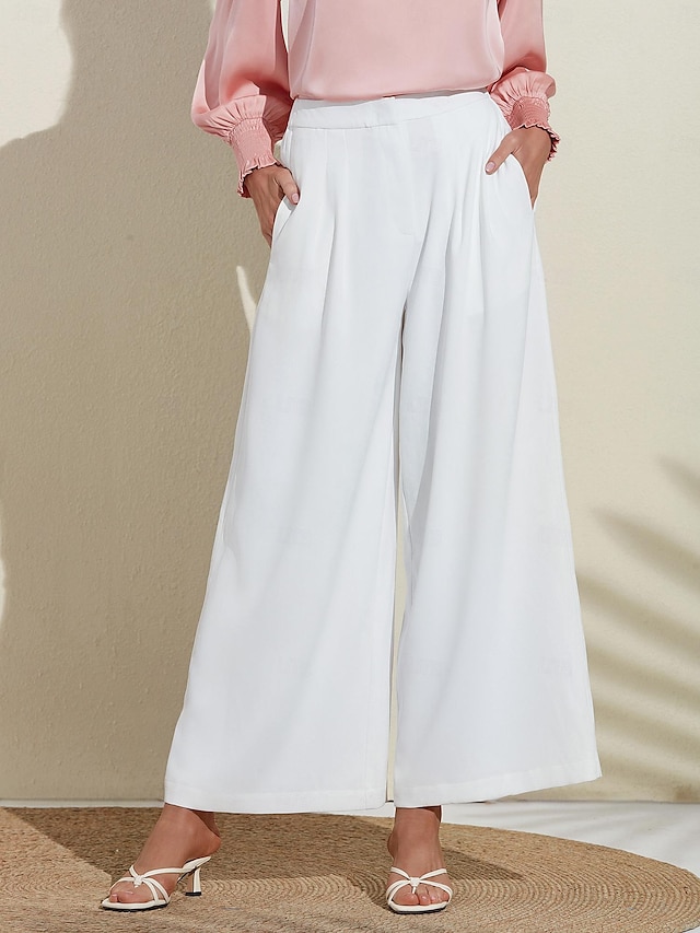  Women's Essential Trousers White Wide Leg Full Length Elastic Waist