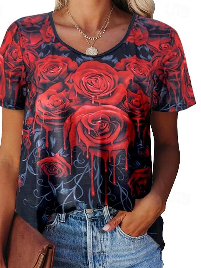  Mulheres Camiseta Floral Imprimir Casual Feriado Moda Manga Curta Decote Redondo Vermelho Verão