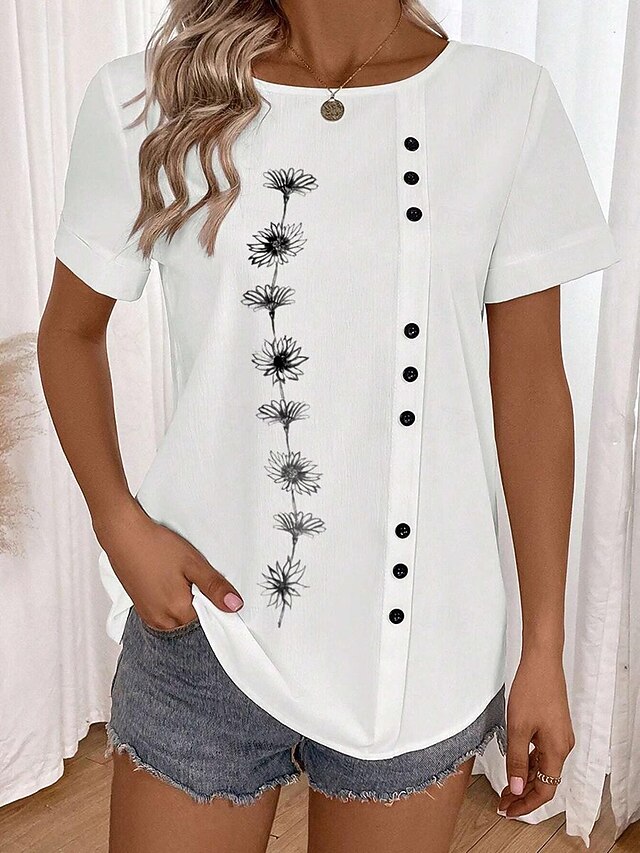 Women's 100% Cotton Shirt Tunic Short Sleeve Crew Neck White Summer Linen Like 10