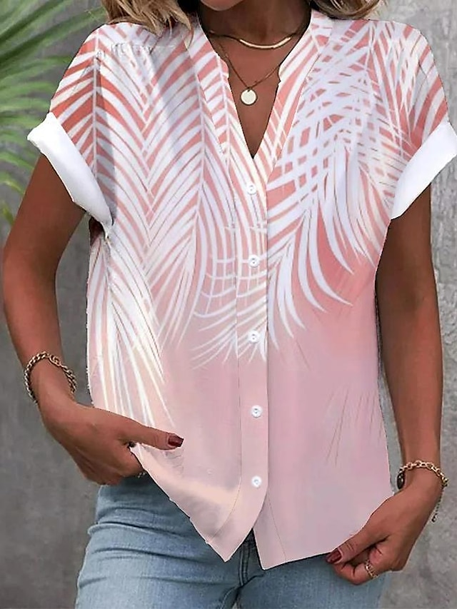  Chemise Femme V Col Blouse Boutonnée Mode Streetwear Florale Imprimé Boutons À Manches Courtes Hauts Regular Col Fendu Décontracté Blanc Rose Bleu Ciel Été
