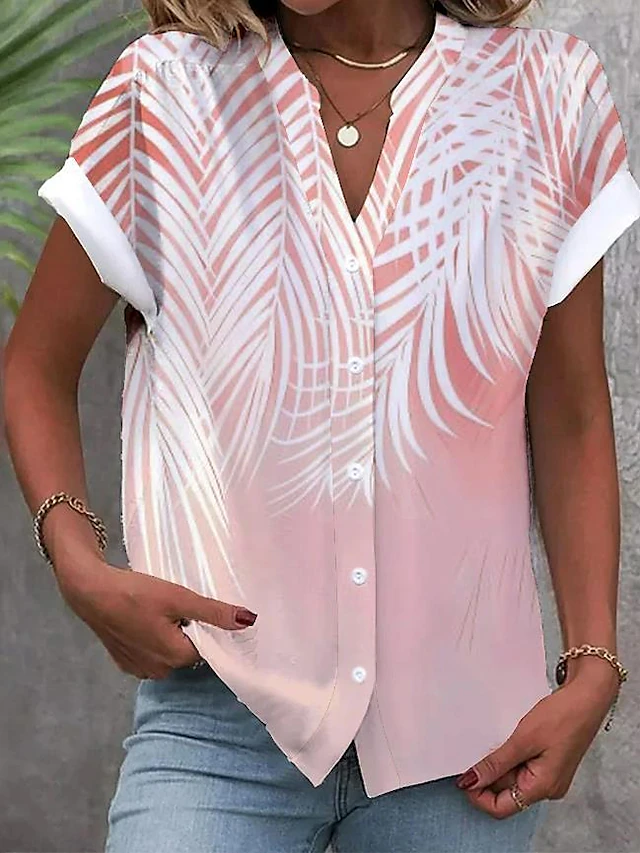 Women's Shirt V Neck Button Down Blouse Fashion Streetwear Floral Buttons Print Short Sleeve Regular Tops Split Neck Casual White Pink Sky Blue Summer 5