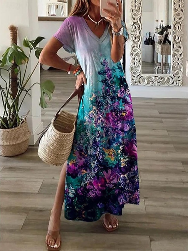  Damen Casual kleid Blumen Graphic Gespleisst Bedruckt V Ausschnitt kleid lang Urlaub Strand Kurzarm Sommer