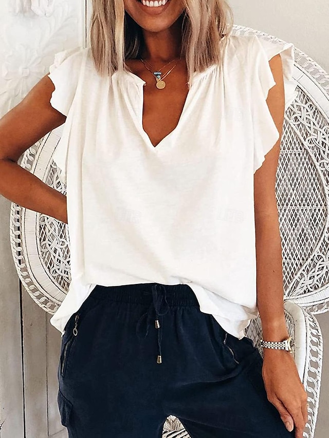  Women's T shirt Tee Plain Ruffle Casual Daily Fashion Modern Short Sleeve Split Neck White Summer