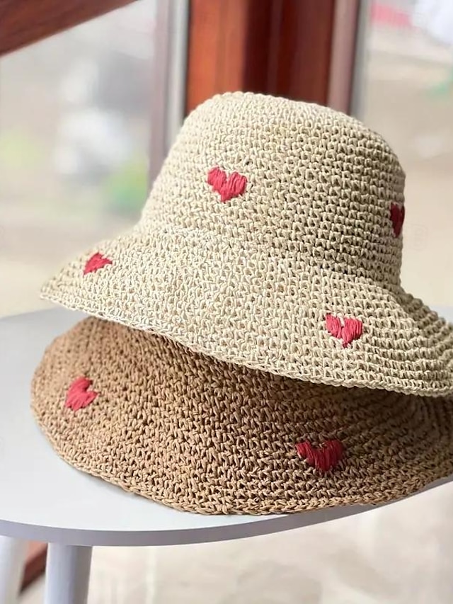  قبعة شمسية نسائية قابلة للتنفس في الهواء الطلق لقضاء عطلات الشاطئ، نمط قلب، حافة واسعة من القش