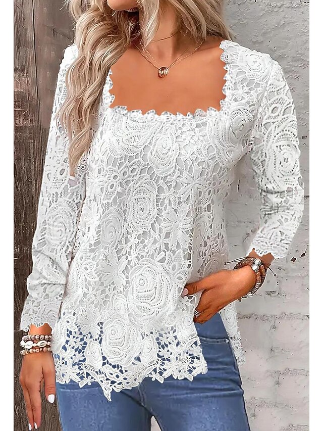 Shirt Lace Shirt Blouse Eyelet top Women's Black White Pink Plain Lace Street Daily Fashion Square Neck Regular Fit S 6
