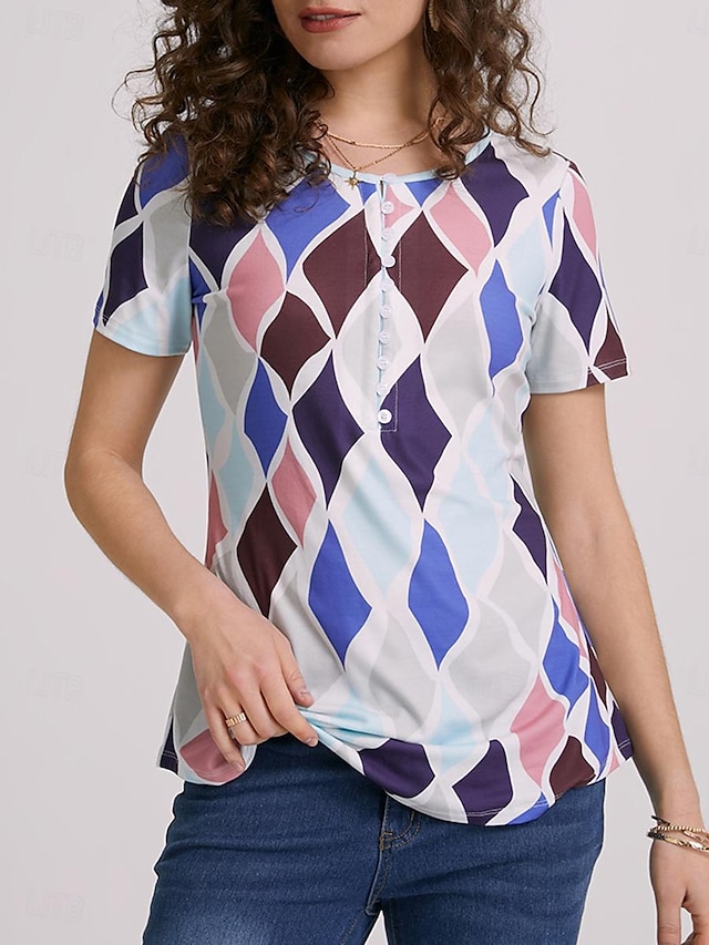  Damen T Shirt Geometrisch Taste Bedruckt Täglich Wochenende Modisch Kurzarm Rundhalsausschnitt Blau Sommer