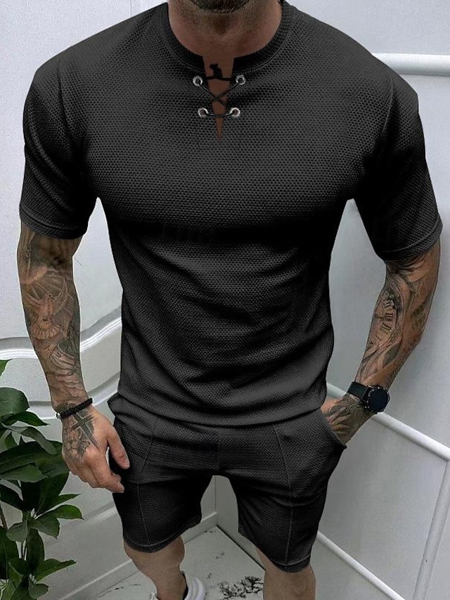  Men's Waffle Tee Waffle Shirt T shirt Tee T-shirt Suits Tee Plain Crew Neck Street Vacation Short Sleeve 2 Piece Clothing Apparel Fashion Designer Basic