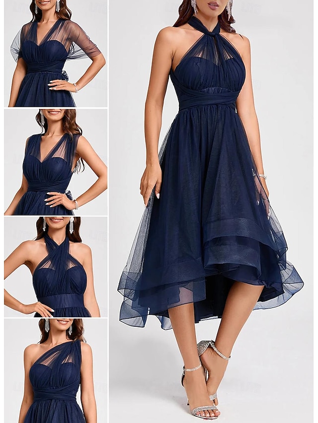  A-lijn blauw bruiloftsgasten jurken elegante jurk formeel zomer thee lengte mouwloos één schouder converteerbaar tule met ruches 2024