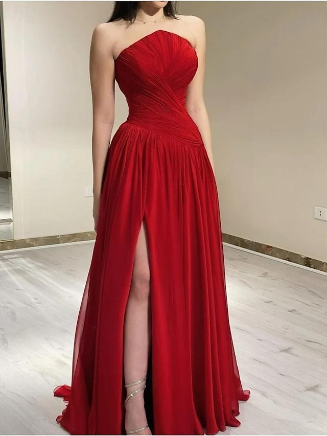  A-Line Evening Gown Elegant Dress Formal Prom Floor Length Sleeveless Strapless Chiffon with Ruched Slit 2024