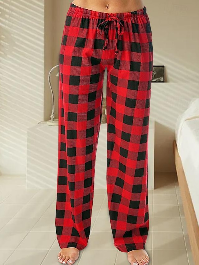  Mulheres calça de pijama Grade / xadrez Moda Simples Conforto Casa Diário Flanela Conforto Calça Ajustável Outono Inverno Branco Rosa