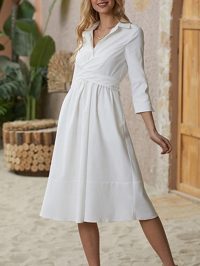  Women's A Line Dress Midi Dress Pocket Bandage Solid Classic Date Shirt Collar Half Sleeve Summer Spring Fall White