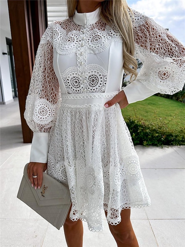 Per donna Vestito bianco Mini abito Pizzo Collage Appuntamento Streetwear Linea A Colletto alla coreana Manica lunga Nero Bianco Colore