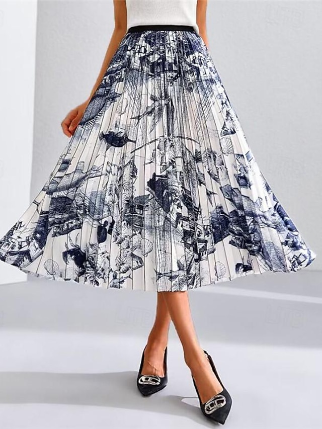  Women's Skirt A Line Midi High Waist Skirts Ruched Pleated Print Color Block Abstract Date Spring, Fall, Winter, Summer Polyester Elegant Fashion Black And White Blue and White Navy Apricot