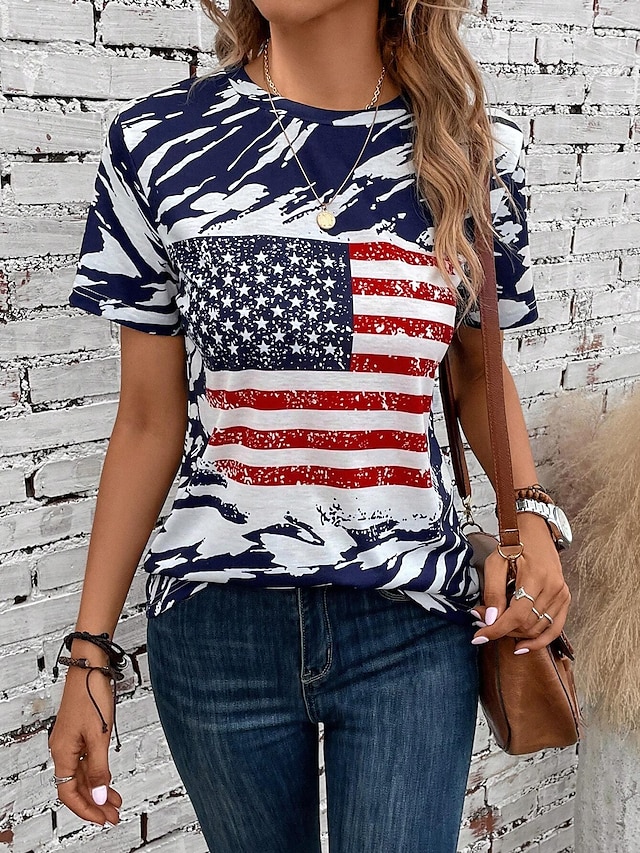  Γυναικεία Μπλουζάκι ΗΠΑ Εθνική Σημαία Καθημερινά Σαββατοκύριακο Στάμπα Βαθυγάλαζο Κοντομάνικο Μοντέρνα Στρογγυλή Ψηλή Λαιμόκοψη Καλοκαίρι