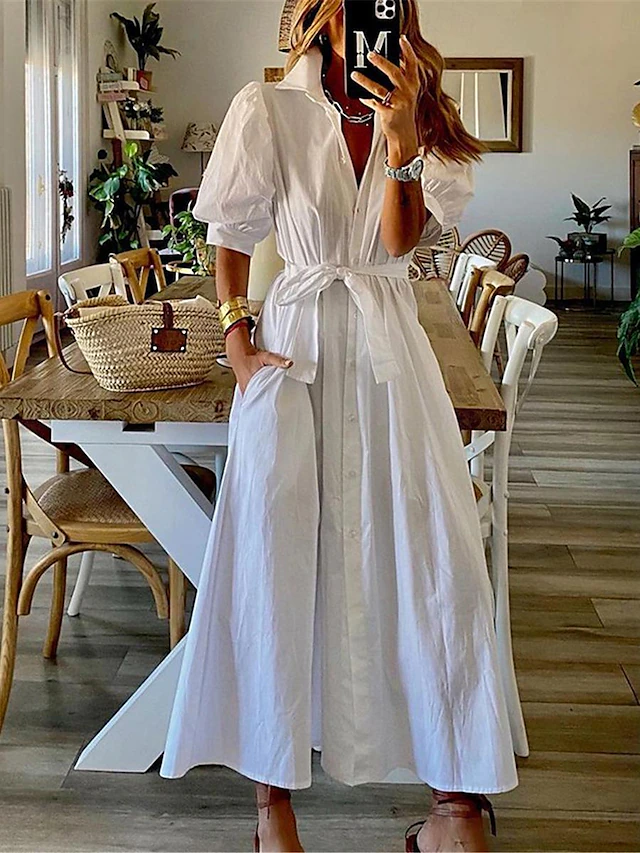 Women's White Dress Shirt Dress Maxi long Dress Office Business Date Basic Formal Shirt Collar Pocket Belted Half Sleeve Summer Spring 8