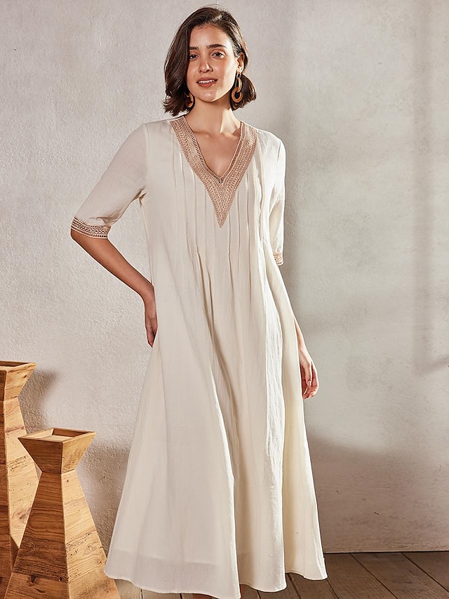  Women's Swing Dress Midi Dress Cotton Linen Patchwork Pocket Basic Casual Daily V Neck Half Sleeve Summer Spring Fall White