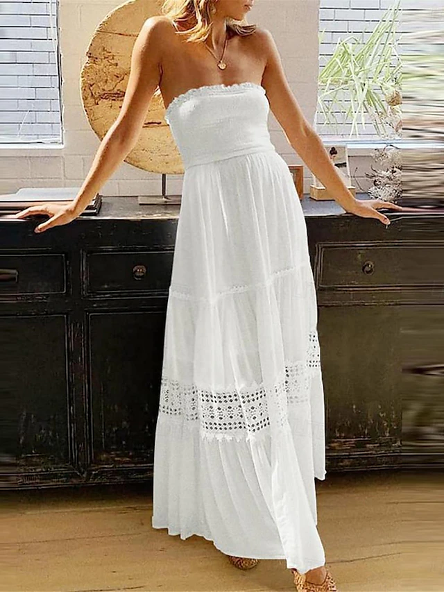Women's Long Dress Maxi Dress White Dress Casual Dress White Lace Wedding Dress Boho Dress Elegant Streetwear Maxi Street Date Loose Fit Plain Sleeveless Strapless Black White Yellow Mint Green Summer 17