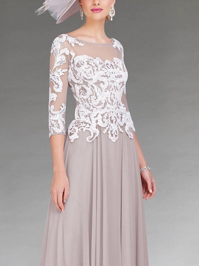 A-Line Mother of the Bride Dress Elegant Jewel Neck Asymmetrical Stretch Chiffon Half Sleeve with Pearls main image 0