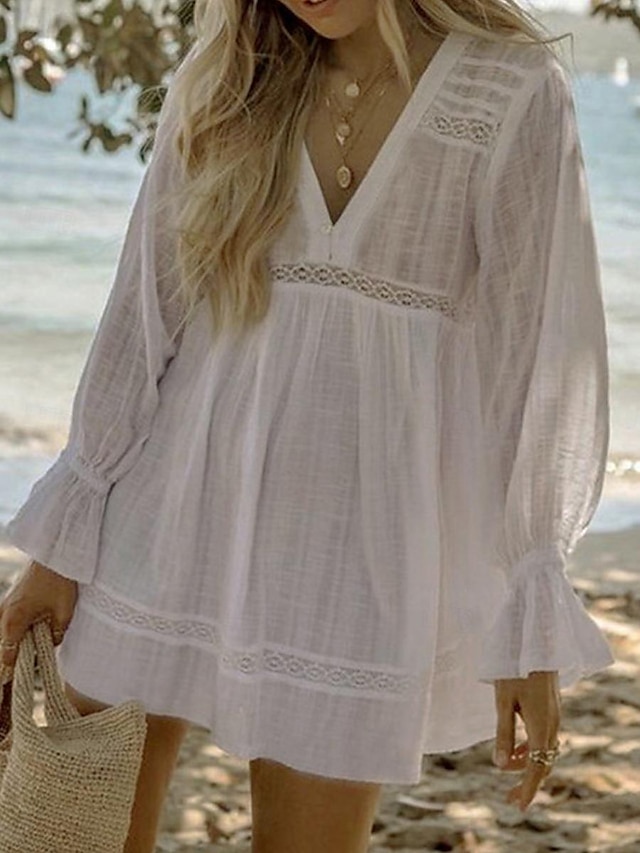  Pentru femei Rochie albă Rochie Mini Decupată Vacanță Plajă Șic Stradă De Bază În V Manșon Lung Alb Culoare