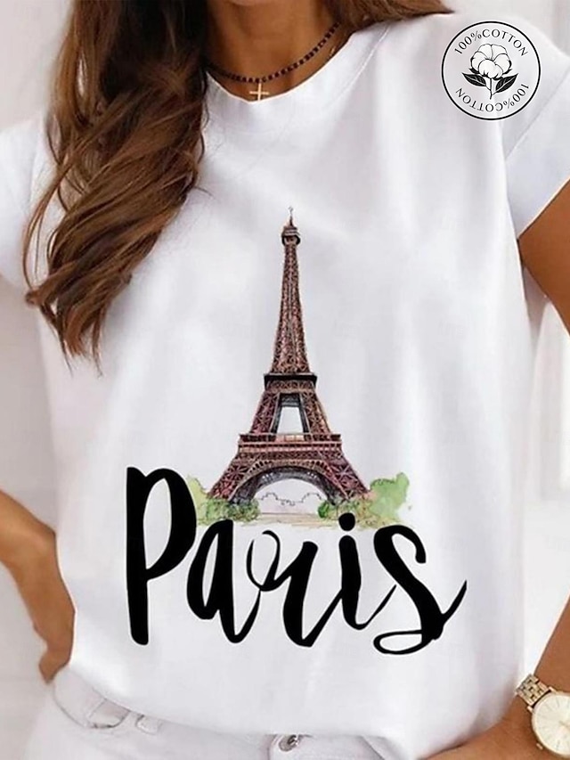  2022 nou model de imprimeu Paris Tower, ocazional pentru femei, tricou personalizat cu gât rotund, drăguț și simplu