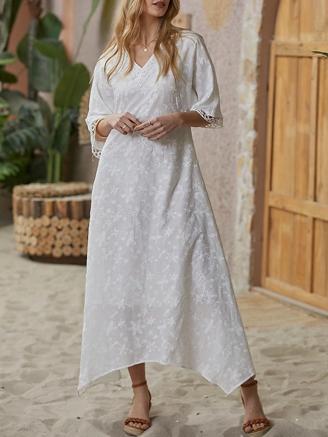  Women's Casual Dress Maxi Dress Cotton Linen Lace Patchwork Vacation V Neck Half Sleeve Summer Spring Fall White