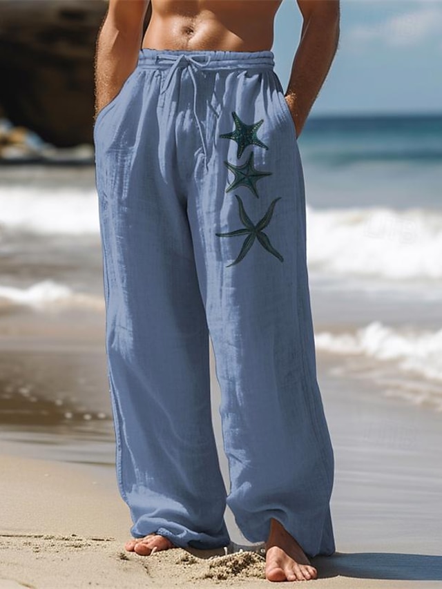  ανδρικό βαμβακερό λινό παντελόνι αστερίας με στάμπα αστερίας vintage παντελόνι πλαϊνές τσέπες ελαστικό σχέδιο κορδόνι περίσφιξης στη μέση καθημερινή εξωτερική χρήση