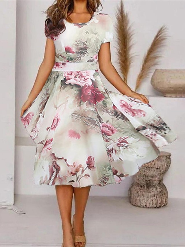  Damen Casual kleid A Linie Kleid Blumen Bedruckt Rundhalsausschnitt Midikleid Urlaub Kurzarm Sommer