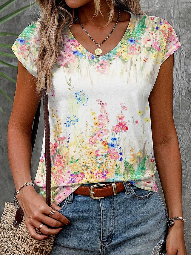  Women's T shirt Tee Floral Print Casual Holiday Fashion Short Sleeve V Neck White Summer