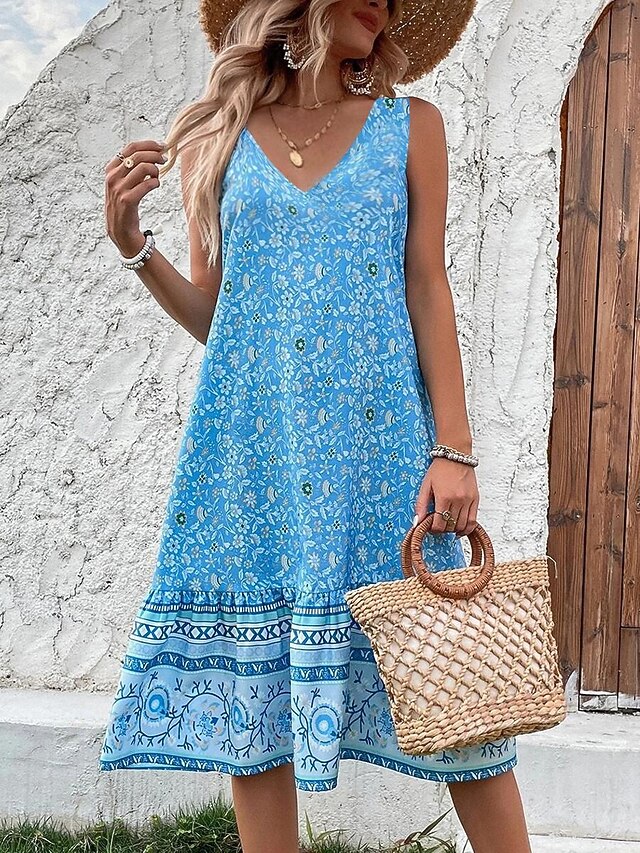 Women's Mini Dress Petite Dress A Line Dress Tank Dress Slip Dress Boho Vacation Party Casual Loose Fit Floral Sleeveless V Neck Pink Navy Blue Blue Green Summer 7