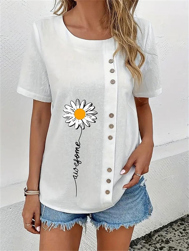  女性用 シャツ ブラウス デイジー ボタン プリント カジュアル ファッション ストリートファッション 半袖 クルーネック ホワイト 夏