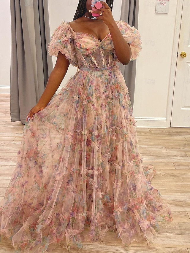  Linha A Vestidos de baile Floral Vestido Convidado do casamento Festa de 15 Anos Longo Manga Curta Decote Princesa Tule com Fru-Fru 2024