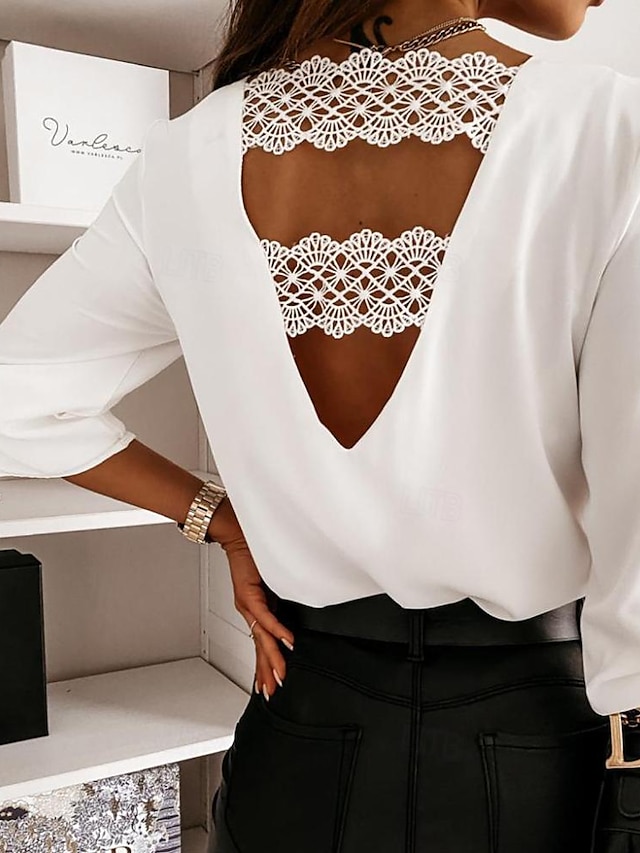  Shirt Lace Shirt Blouse Women's Black White Plain Lace Street Daily Fashion V Neck Regular Fit S