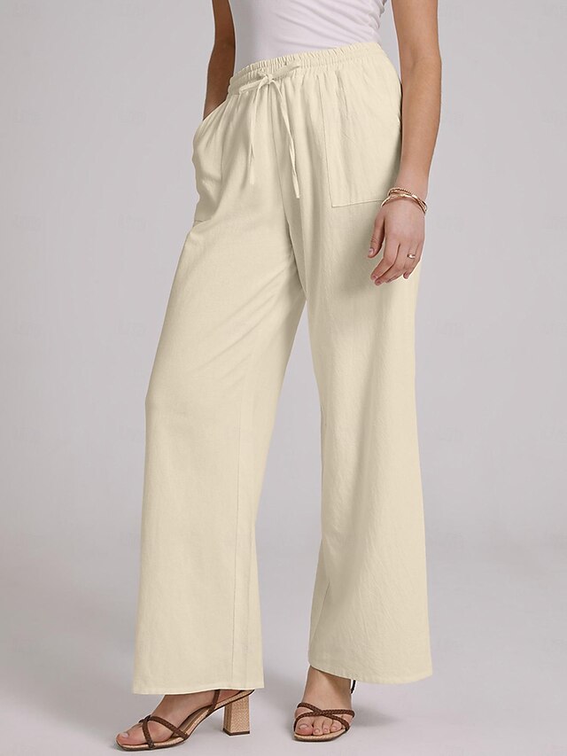 Women's Wide Leg Linen Pants Cotton Linen Side Pockets Wide Leg Baggy ...