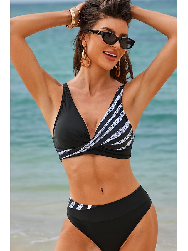  Maillots de Bain Bikinis Maillot de bain Femme 2 Pièces Bandes Rayé Grande Taille Bandeau Maillots de bain Sportif Tenues de plage Faire monter