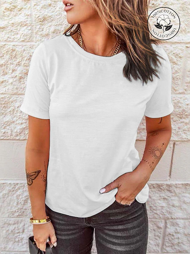 Women's T Shirt Solid Color Plain Vintage Basic Classic Short Sleeve Round Neck Regular Tops Casual Daily Weekend Black White Pink Red Navy Blue Summer Spring 16